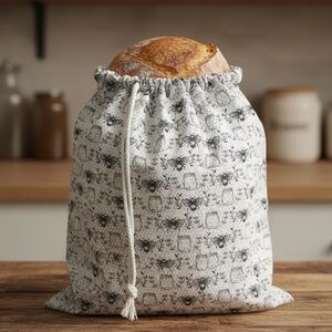 Black & White Bumblebee Bread Bag, Organic Cotton Reusable Bread Storage Bag